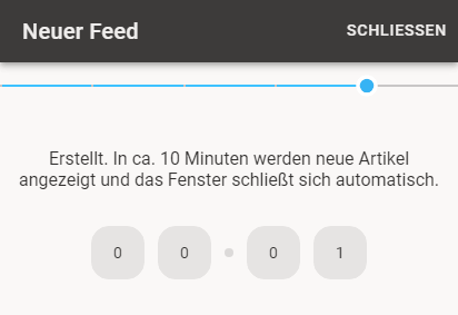 Nach dem Speichern des Feeds wird ein Timer angezeigt.